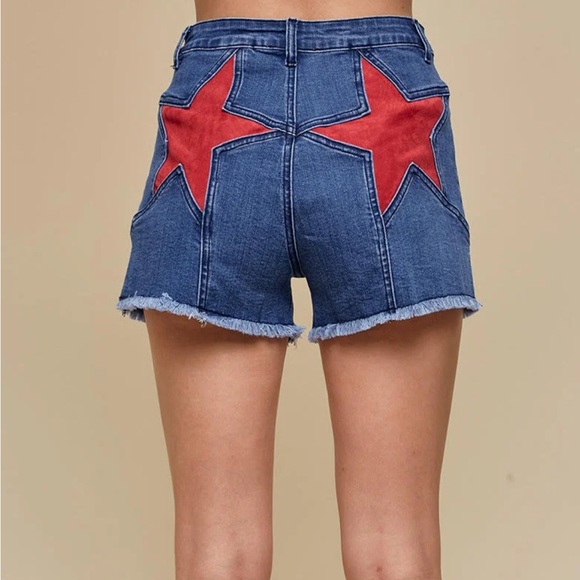 Saints And Hearts Pants - Blue Denim Women’s Shorts with Red Star Accent